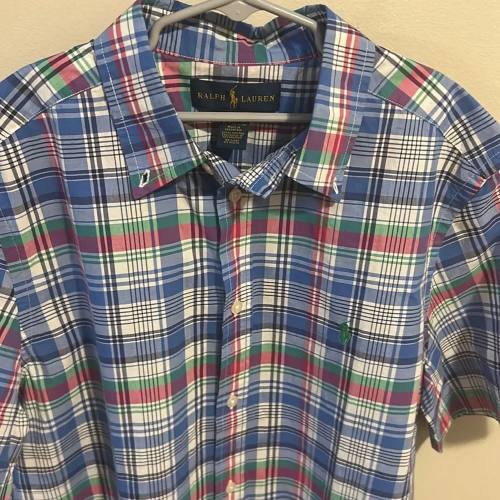 Polo Ralph Lauren Shirt XL 18-20 Boys Blue Pink Green Plaid Short Sleeve Cotton
